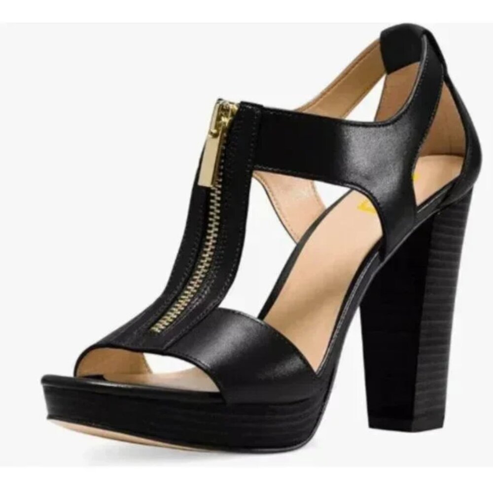 FSJ Black Peep Open Toe T-Strap Front Zipper Chunky Stacked High Heel Sandal